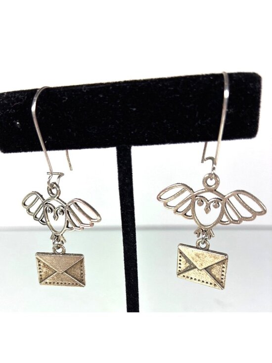 no brand Jewelry - Owl & Letter Dangle Earrings Silver Tone Pierced Wire Whimsical Bookish Jewelry